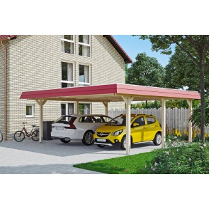 Skan Holz Doppelcarport Wendland Natur mit roter Blende und zwei geparkten Autos.