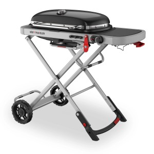 Weber Traveler Camping-Gasgrill mit Rollwagen, schwarz. Mobiler Grill mit Seitenablage und Deckelthermometer.