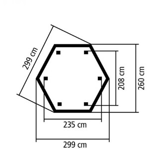 Draufsicht Karibu Pavillon Alicante mit Maßangaben, sechseckig, Holz kesseldruckimprägniert.