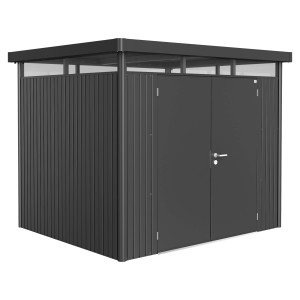 Biohort Metall-Gerätehaus HighLine, dunkelgrau-metallic, mit Doppeltür. Modernes Design.