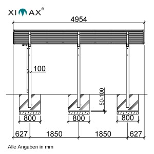 Technische Zeichnung: Ximax Carport Linea-110 M, Edelstahl-Look, Maße und Details.