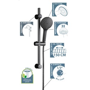 Schütte Stangenbrause-Set Raven, 70 cm, Schwarz matt. Duschkopf mit 3 Funktionen und Antikalk-Noppen.