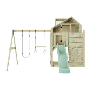 PolarPlay Spielturm Lasse mit Schaukel, Rutsche und Kletterwand aus Holz, mintgrün.