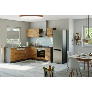 Moderne Winkelküche Sorrento in Wotaneiche und Grafit, ohne E-Geräte. Küchenzeile mit Hänge- und Unterschränken.