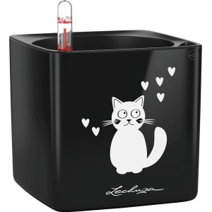 Schwarzer Lechuza Cube Glossy Cat Pflanztopf mit Katzenmotiv, 14x14x14 cm.