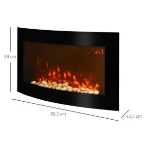 Schwarzer, gebogener HOMCOM Elektrokamin mit realistischer Flammenoptik, Ziersteinen und Maßen. Moderner Kaminofen.