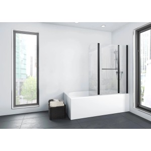 Aurlane Badewannenfaltwand Black Spirit 3-teilig, 125x140cm, mit schwarzem Rahmen und Handtuchhalter.