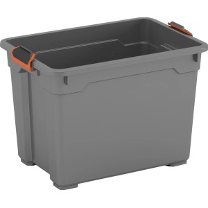 Dunkelgraue OBI Allzweckbox Cadiz Pro S aus Kunststoff mit orangefarbenen Verschlussclips.