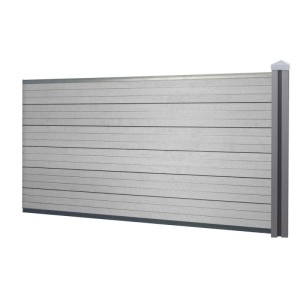 Graues WPC-Sichtschutz Erweiterungselement Savoie niedrig, mit Pfosten und Paneelen.