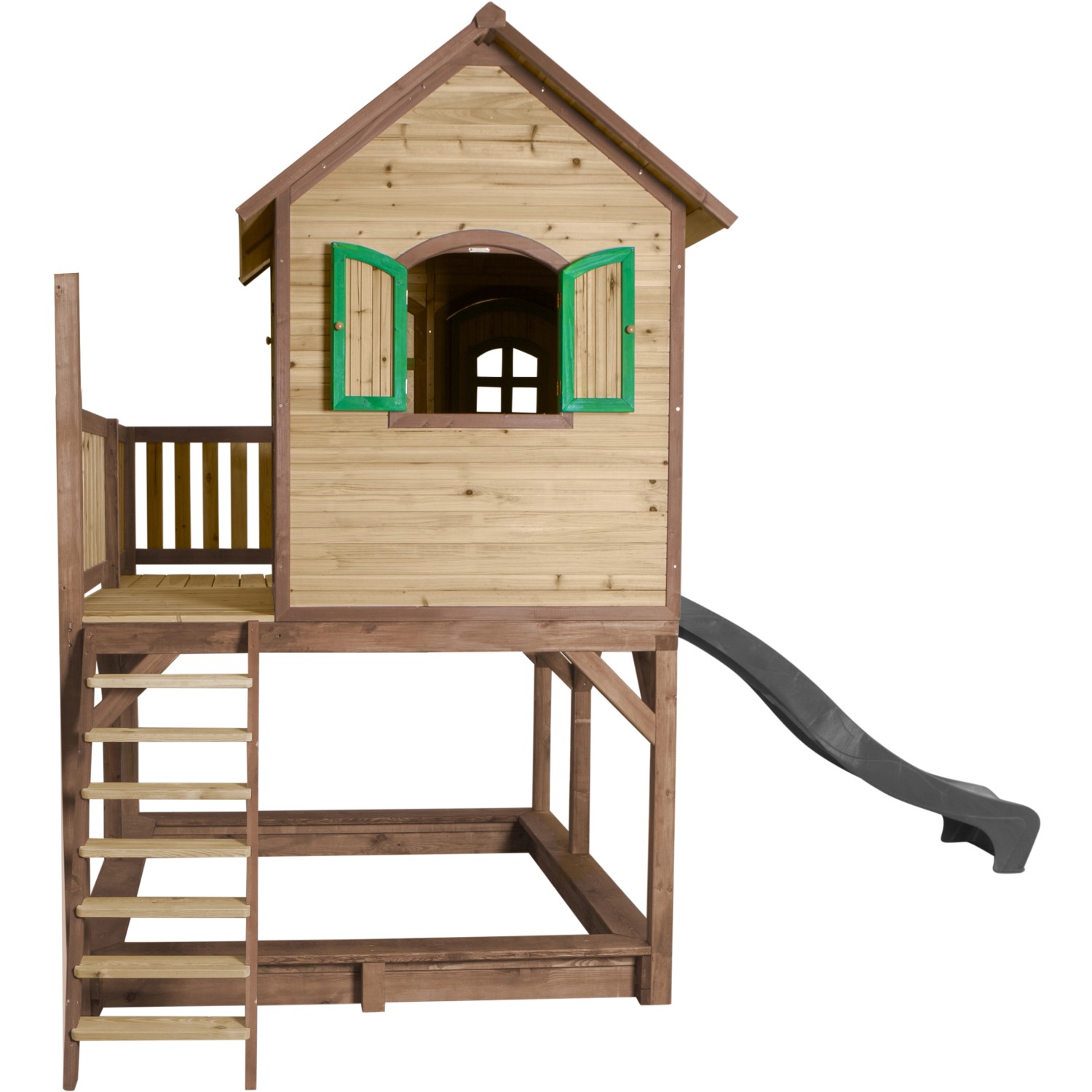 Axi Liam Spielhaus aus Holz mit Rutsche, Leiter und Sandkastenbereich in Braun, Grün und Grau.