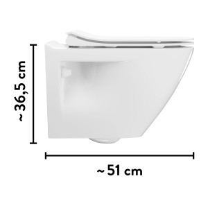 Weißes, spülrandloses baliv Wand WC-Set Mansfield mit Soft-Close-Sitz, Seitenansicht mit Maßangaben.