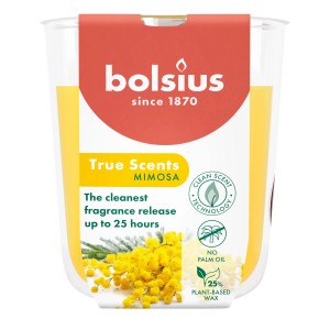 Gelbe Bolsius Duftkerze True Scents Mimosa im Glas, für bis zu 25 Stunden Duft.