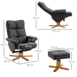 Schwarzer HOMCOM Relaxsessel mit Hocker, Stauraum, Liegefunktion und drehbarem Sitz.