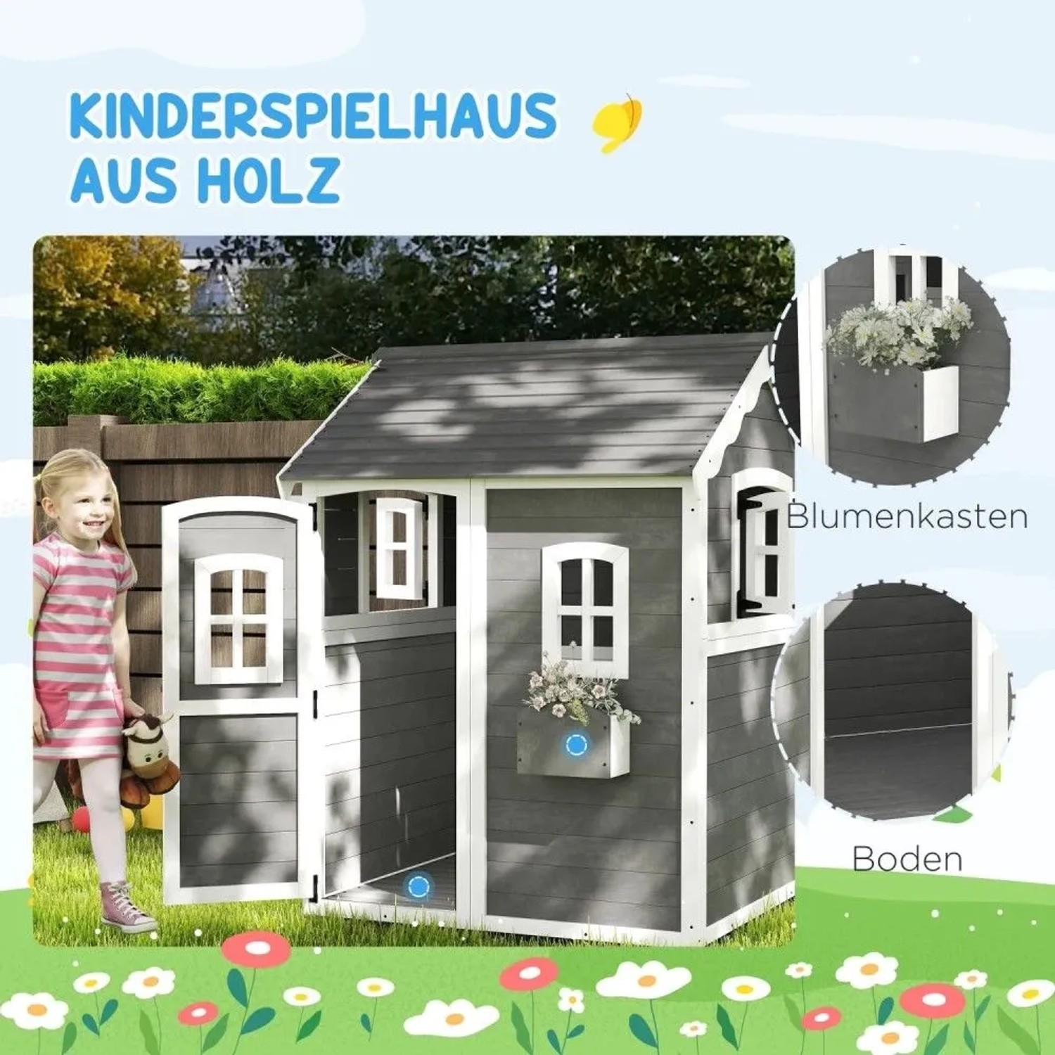 Graues Holz-Kinderspielhaus mit weißer Tür, Fenstern und Pflanzkasten. Ein Kind spielt im Garten. Ideal für Spiel & Spaß.