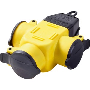 Gelb-schwarze 3-fach Schutzkontaktkupplung für den Außenbereich, spritzwassergeschützt.