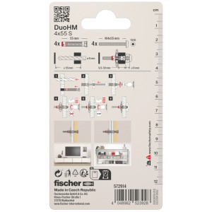 Fischer DuoHM Hohlraumdübel, 4 Stück, 8x55mm, zur Befestigung in Hohlräumen, Montageanleitung auf der Packung.