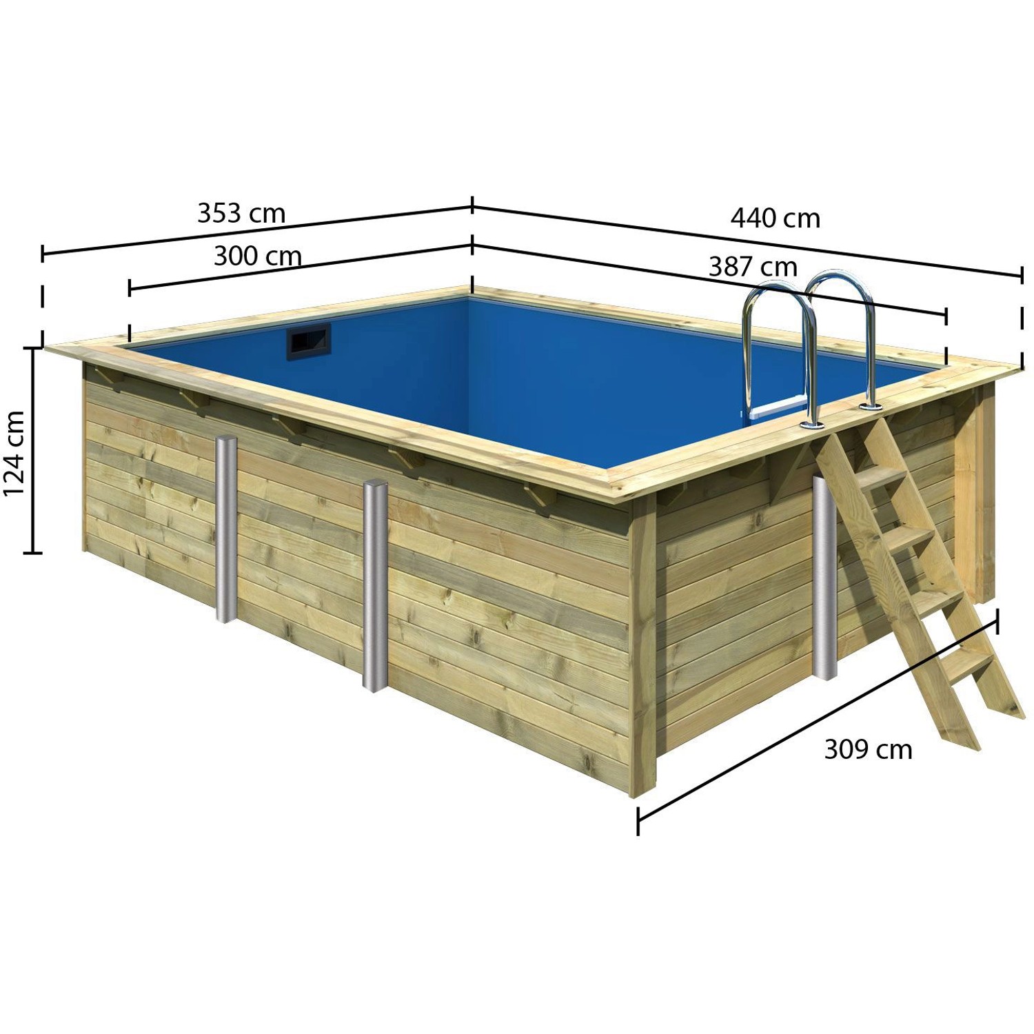 Rechteckiger Karibu Holzpool Gr. 2 mit blauer Innenhülle und Leiter. Kesseldruckimprägniertes Holz.