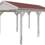 Weißer Skan Holz Carport Fichtelberg mit roten Schindeln, 317x566 cm. Einzelcarport mit sechs Pfosten.