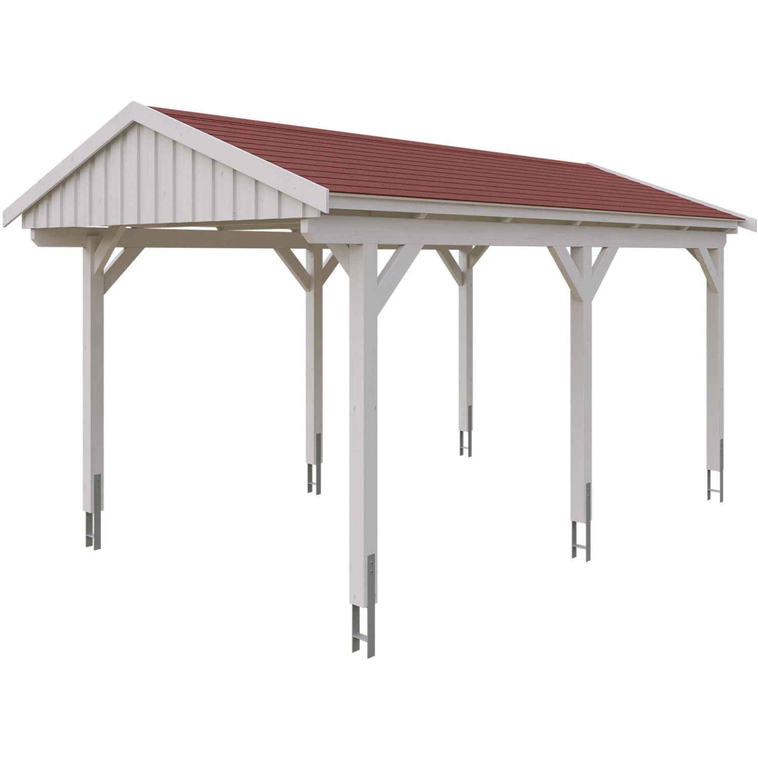 Weißer Skan Holz Carport Fichtelberg mit roten Schindeln, 317x566 cm. Einzelcarport mit sechs Pfosten.