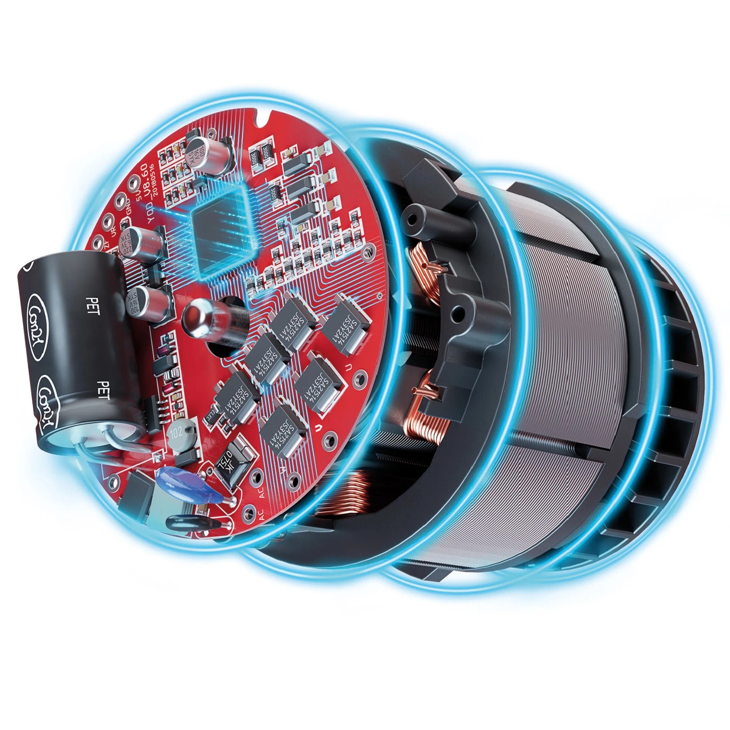 Innenansicht: Bürstenloser Motor der Einhell Akku-Kettensäge für hohe Leistung und lange Lebensdauer.
