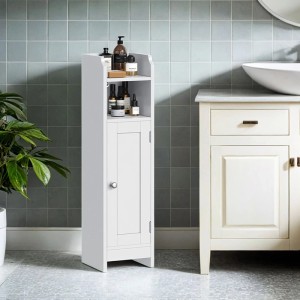 Schmaler, weißer Songmics Badezimmerschrank Siren mit Tür und Regalfächern.