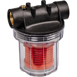Einhell Vorfilter 12 cm für Pumpen und Hauswasserwerke, transparentes Gehäuse mit rotem Filtereinsatz.