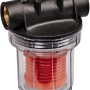 Einhell Vorfilter 12 cm für Pumpen und Hauswasserwerke, transparentes Gehäuse mit rotem Filtereinsatz.
