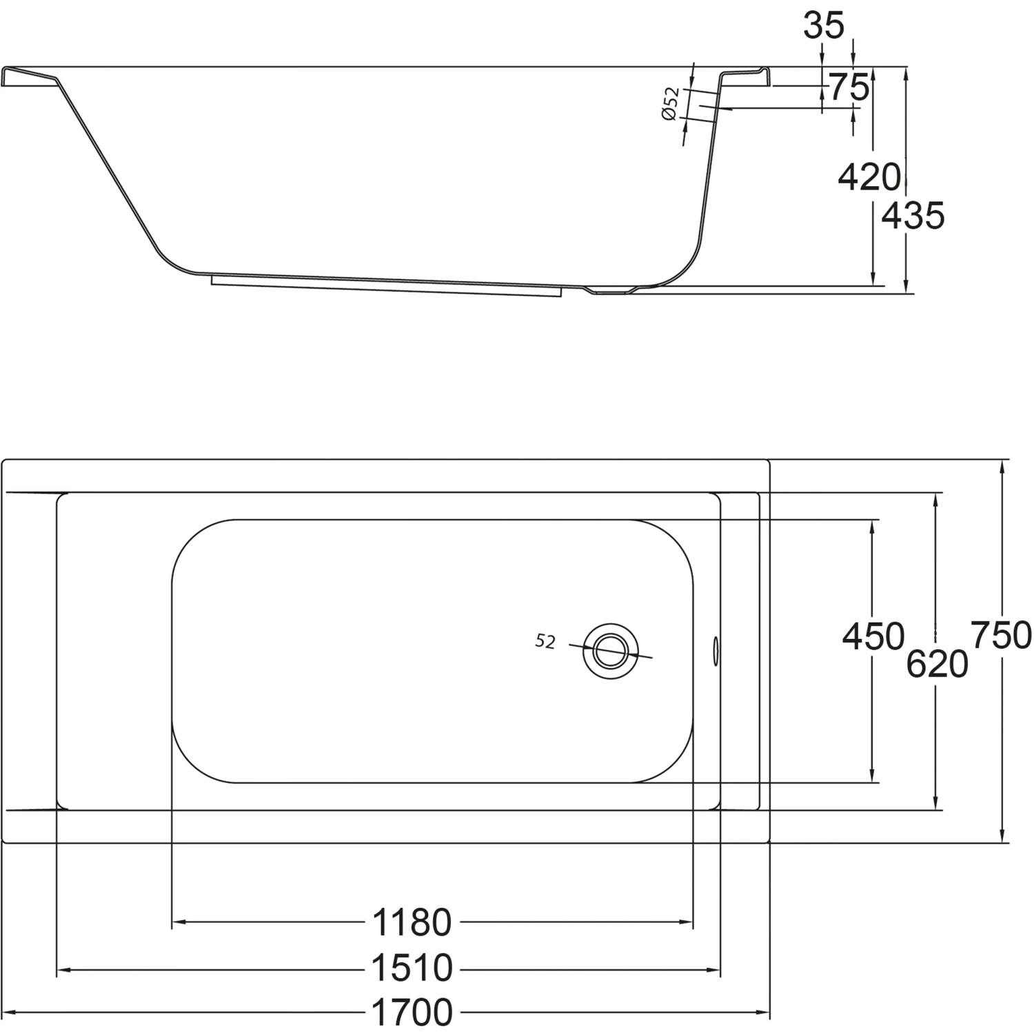 Technische Zeichnung Ottofond Körperformwanne-Set, 170x75 cm, weiße Rechteckbadewanne mit Maßen.