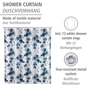 Wenko Anti-Schimmel Duschvorhang Rose Bleu mit blauem Rosenmuster und 12 Ringen.