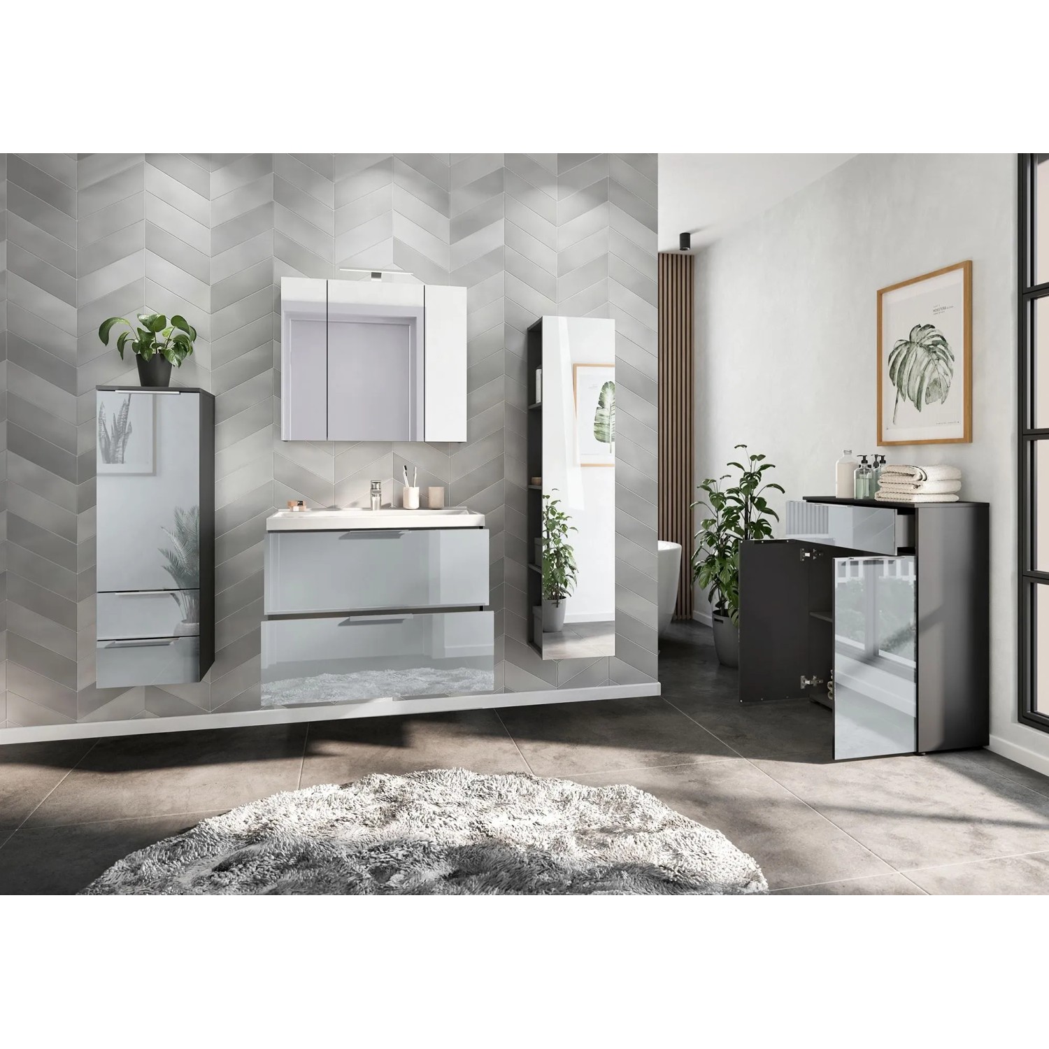 Germania Waschtischunterschrank mit Becken, Graphit/Grau, 81x65x47 cm. Modernes Badmöbel-Set.