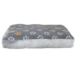Hellgraues Jollypaw Hundekissen Jeronimo (80x55cm) mit bunten Pfoten-Motiven.