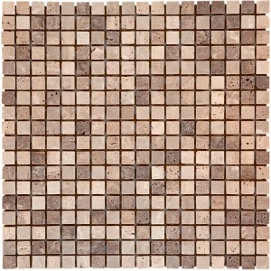 Mosaikmatte aus Naturstein Travertin Beige, getrommelt, 30x30 cm. Ideal für Wand- und Bodengestaltung.