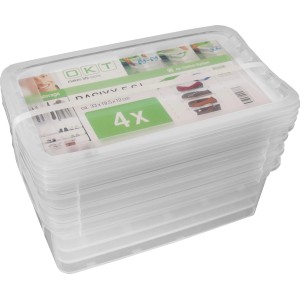 4er-Set transparente Aufbewahrungsboxen Basixx 5,6 l, stapelbar und mit Deckel.