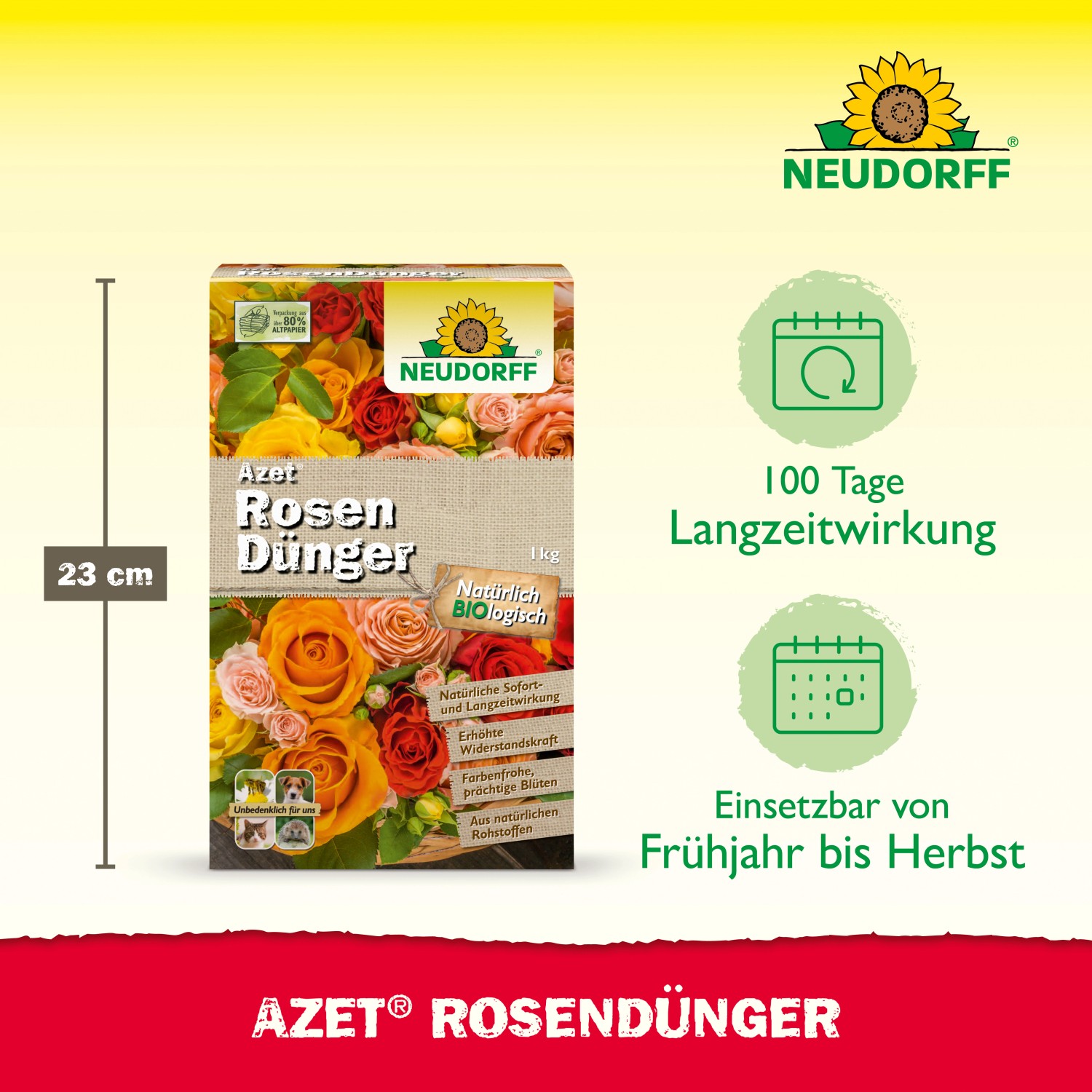 Neudorff Azet Rosen-Dünger 1 kg Packung mit Rosenabbildung. Biologischer Rosendünger für üppige Blüten.