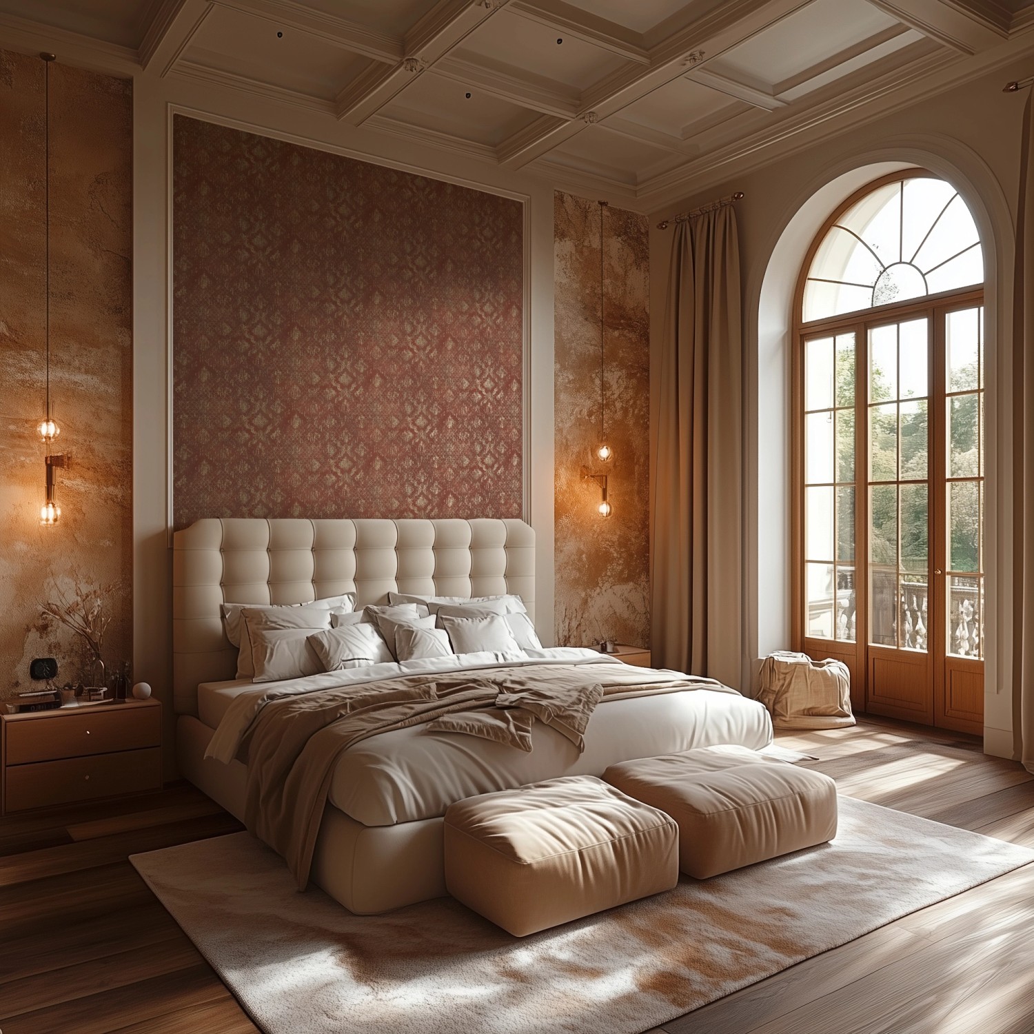 Schlafzimmer mit A.S. Creation Vliestapete Ornament in Rot-Gold. Klassische, strukturierte Wandtapete.