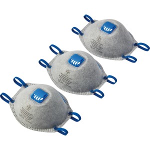 3er-Pack LUX-TOOLS FFP2 Atemschutzmasken NR Carbon mit Ausatemventil und Aktivkohlefilter.
