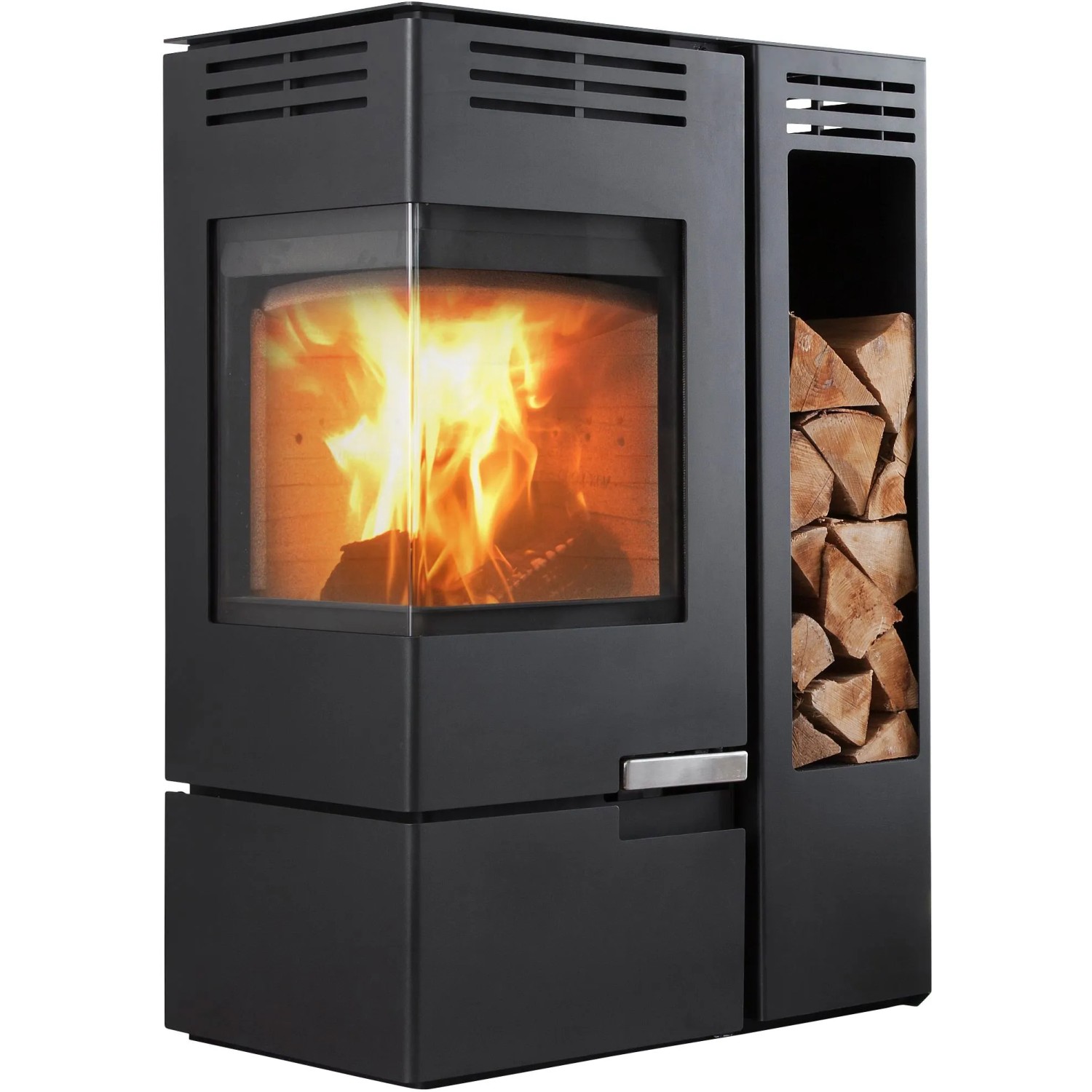 Aduro Kaminofen 12 mit Kaminholzregal in Schwarz, gefüllt mit Holzscheiten.