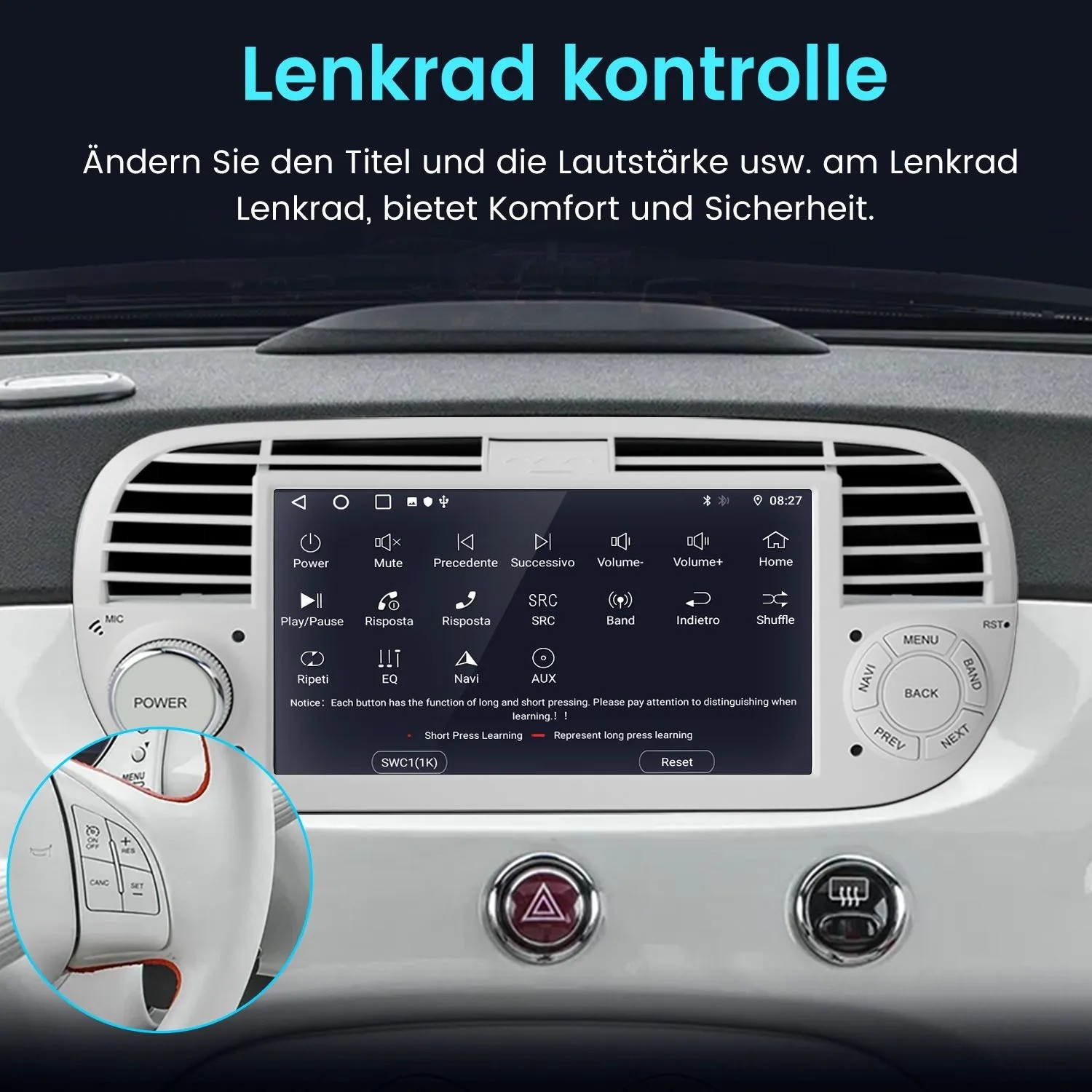 Junsun Autoradio im Fiat 500, zeigt Lenkradfernbedienung für Medien und Navigation. Komfortable Steuerung.