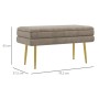 Beige Polsterbank mit Stauraum, Samtoptik und goldenen Beinen. Maße: 79,5x37,5x43 cm.