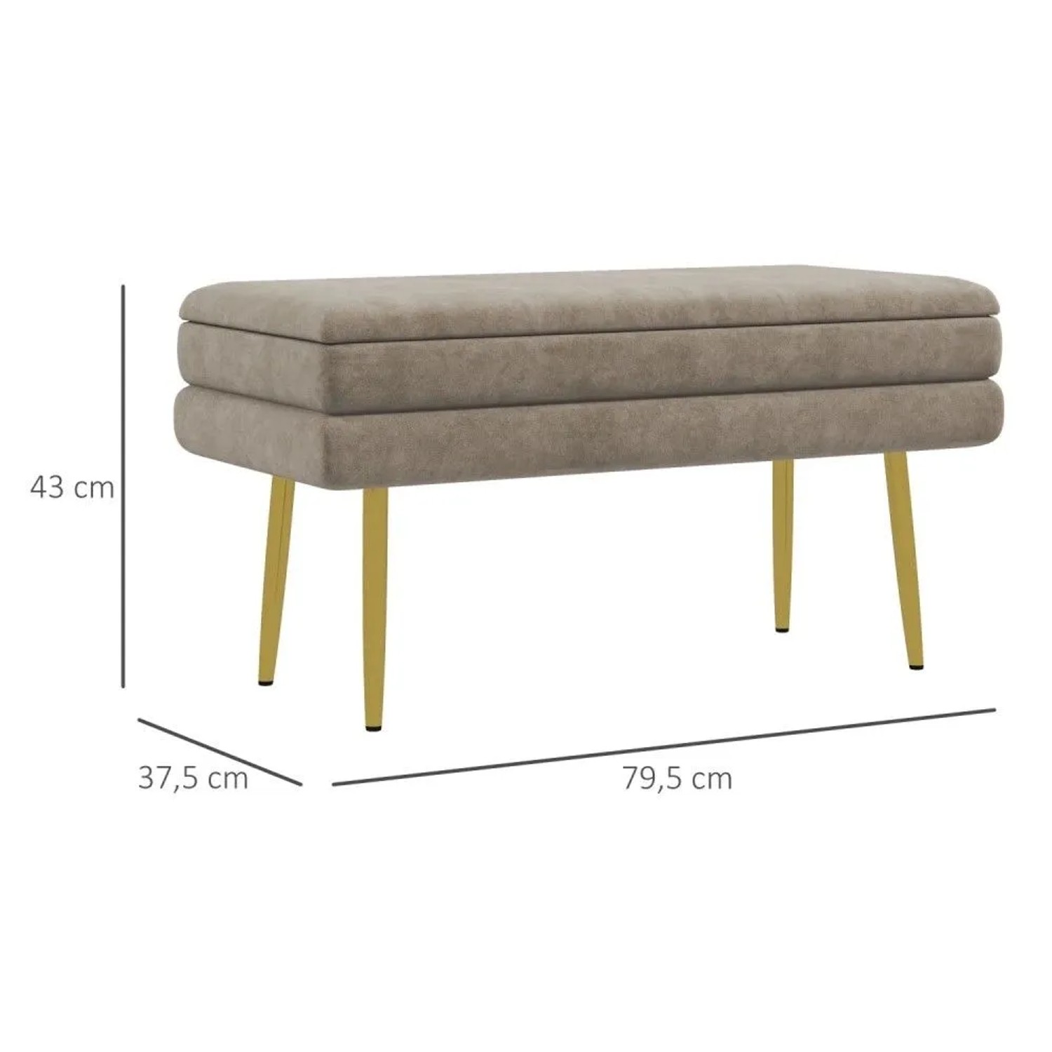 Beige Polsterbank mit Stauraum, Samtoptik und goldenen Beinen. Maße: 79,5x37,5x43 cm.