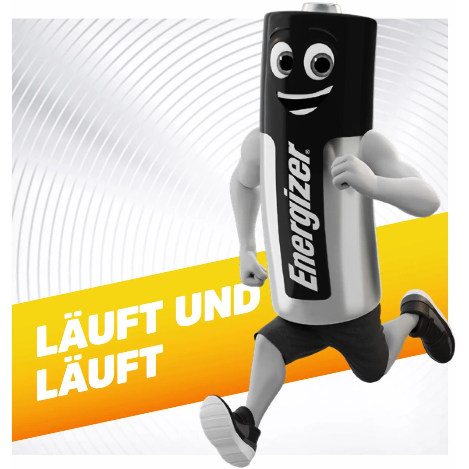 Energizer Batterie als Comicfigur beim Laufen. Alkaline Power AA Batterien.