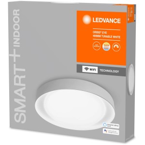 Verpackung der Ledvance Smart+ WiFi Deckenleuchte Orbis Eye, silber, Ø 49cm, tunable white.