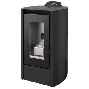 Schwarzer Rowi Pelletofen aus Stahl, 5 kW Leistung, mit Sichtfenster.