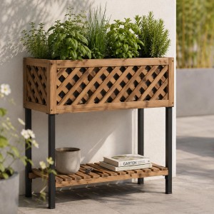 MCW Pflanzkasten P86 Akazie Holz, hellbraun, mit Gittermuster, schwarzen Metallfüßen und Ablage. Für Kräuter auf Balkon/Terrasse.