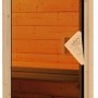 Tür der Karibu Sauna mit Ofen und LED-Dachkranz aus naturbelassenem Holz.