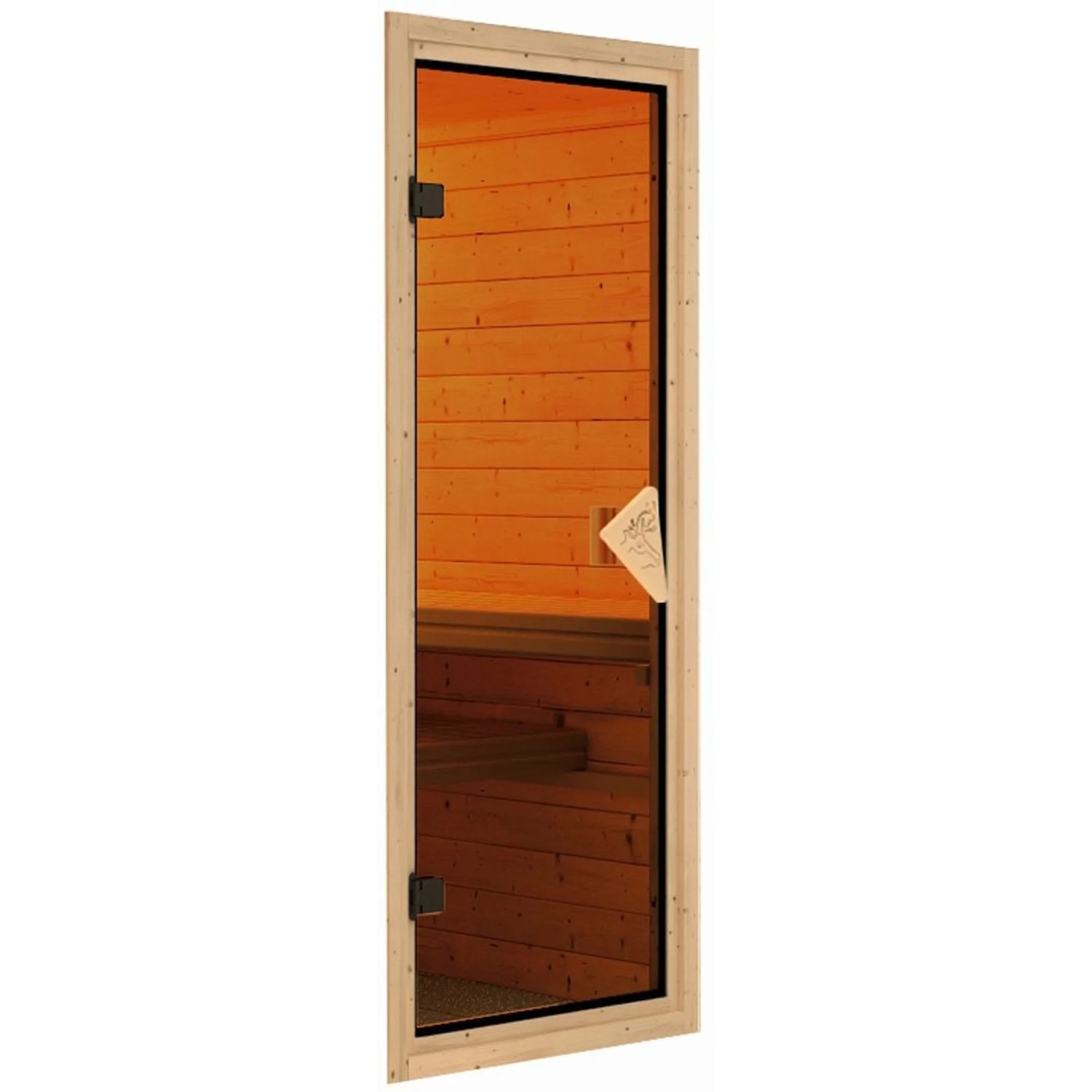 Tür der Karibu Sauna mit Ofen und LED-Dachkranz aus naturbelassenem Holz.