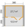 Grundriss Weka Holz-Gartenhaus Satteldach: Maße 380x250/200 cm, Volumen 27,7/12,3 m³.