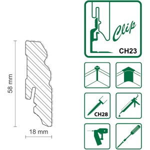 Profil der weißen FN Neuhofer Sockelleiste L0132L aus Kiefernholz mit Clip-System.