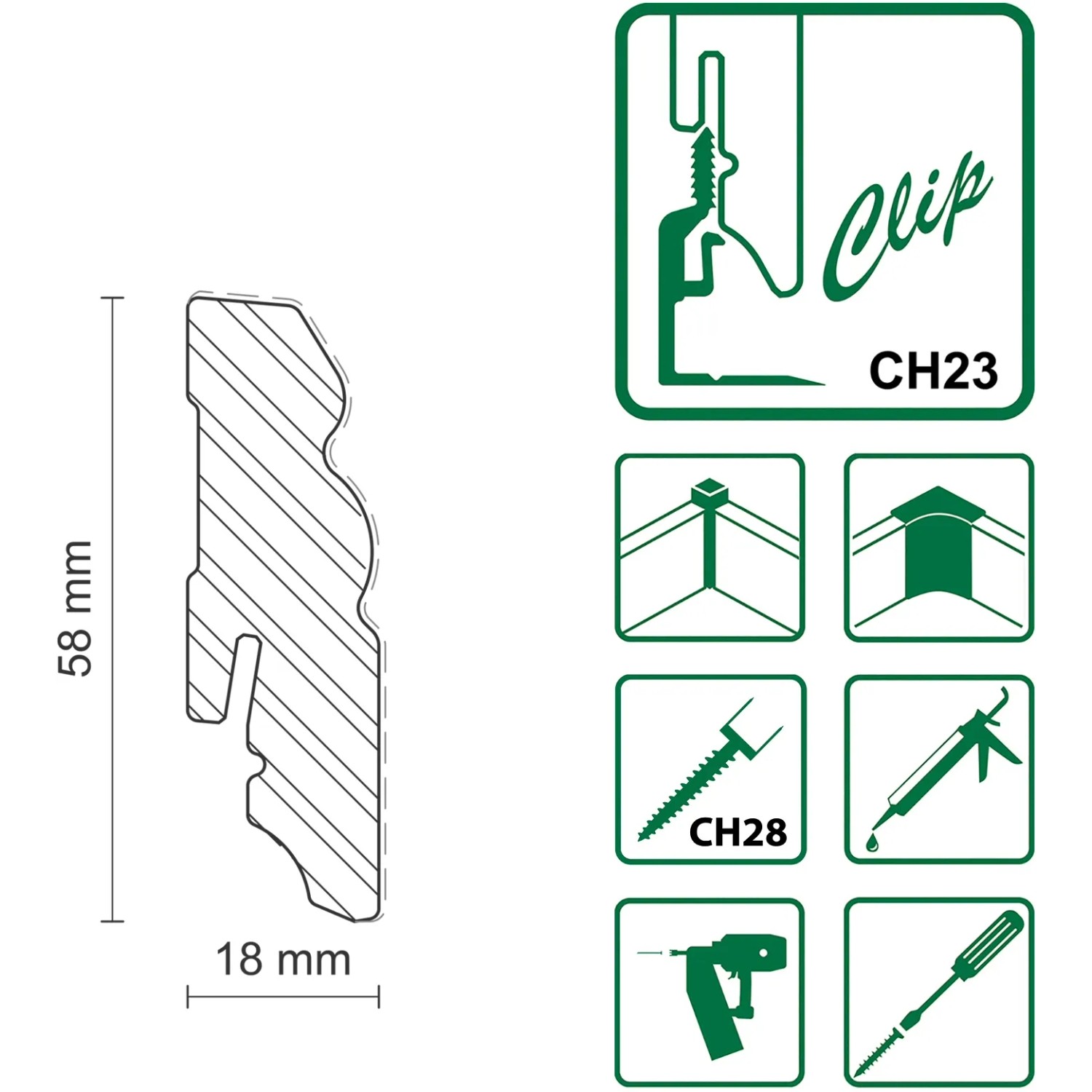 Profil der weißen FN Neuhofer Sockelleiste L0132L aus Kiefernholz mit Clip-System.