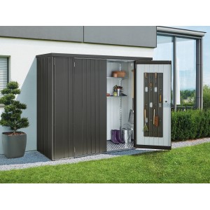 Biohort Geräteschrank, dunkelgrau-metallic, mit Regalböden und Ordnungssystem an der Tür.